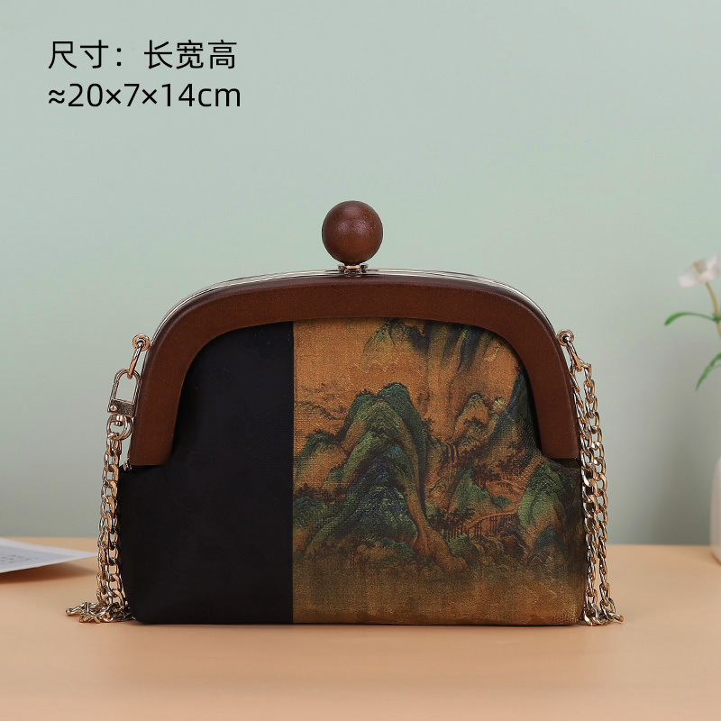 千里江山図手作り布 DIY 材料バッグハンドバッグ竹ハンドルリップ型口ゴールドバッグ未完成品|undefined