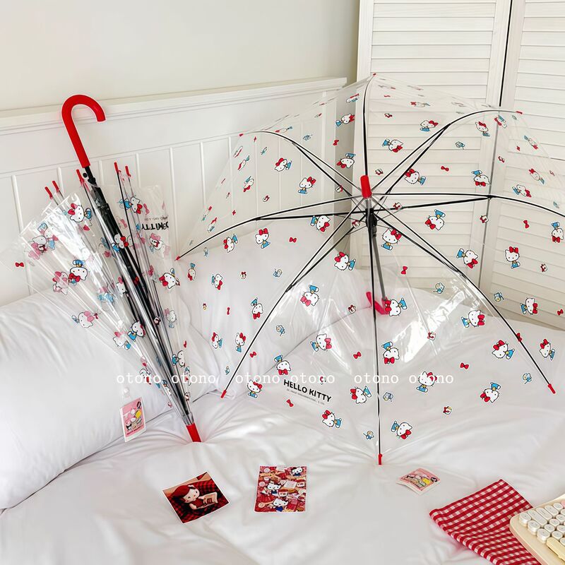 Sanrio Genuine Authorized Hello Kitty Transparent Long-Handled Umbrella Cute Cartoon Cute Pink Girly Heart Rain Umbrella