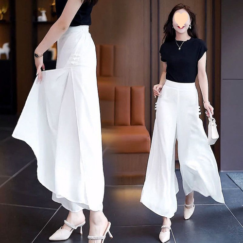 Split wide-leg pants 2025 new style white high-waist loose slimming summer culottes hanging chiffon pants set
