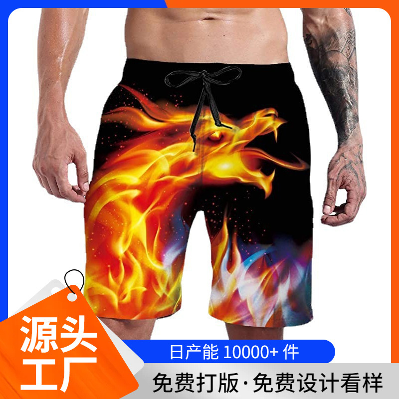 New European and American cross-border style, export-quality 3D digital print flame shorts, casual and fashionable beach shorts for men.