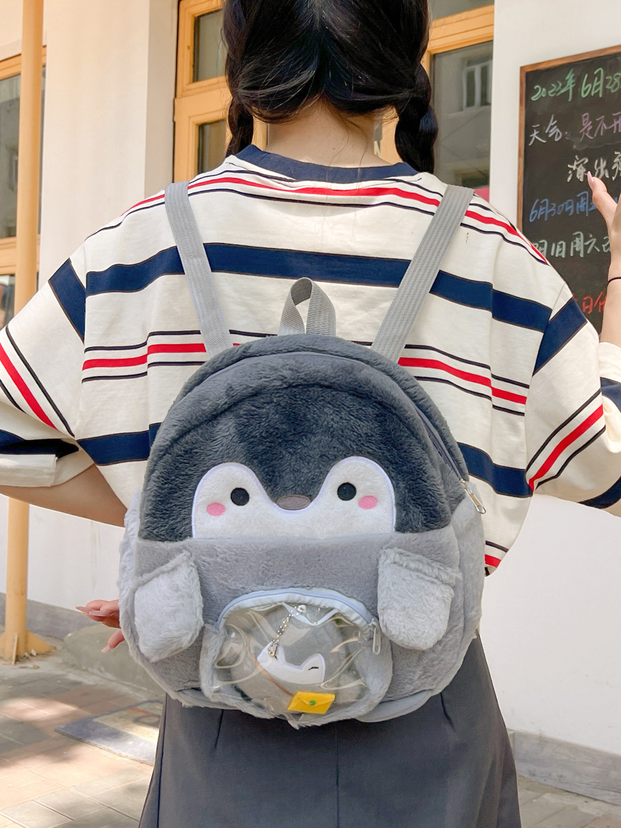 Mochila mujer bordado de dibujos animados pingüino estilo JK bolso de muñeca felpa pequeña mochila linda