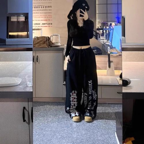 Vintage Print Women's Loose Jazz Dance Streetwear Hip Hop Wide Leg Sweatpants