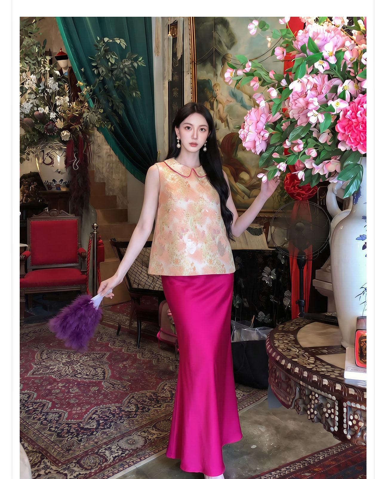 Bộ áo gile + chân váy nữ phong cách Trung Hoa mới, chất liệu jacquard cao cấp, form thắt eo thanh lịch — Áo khoác Carmine, Trang phục [Áo khoác màu hồng+váy đỏ], Màu đỏ nửa váy chi tiết 9