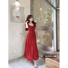 海边度假风红色波点连衣裙女装夏季2025新款系带收腰显瘦A字长裙