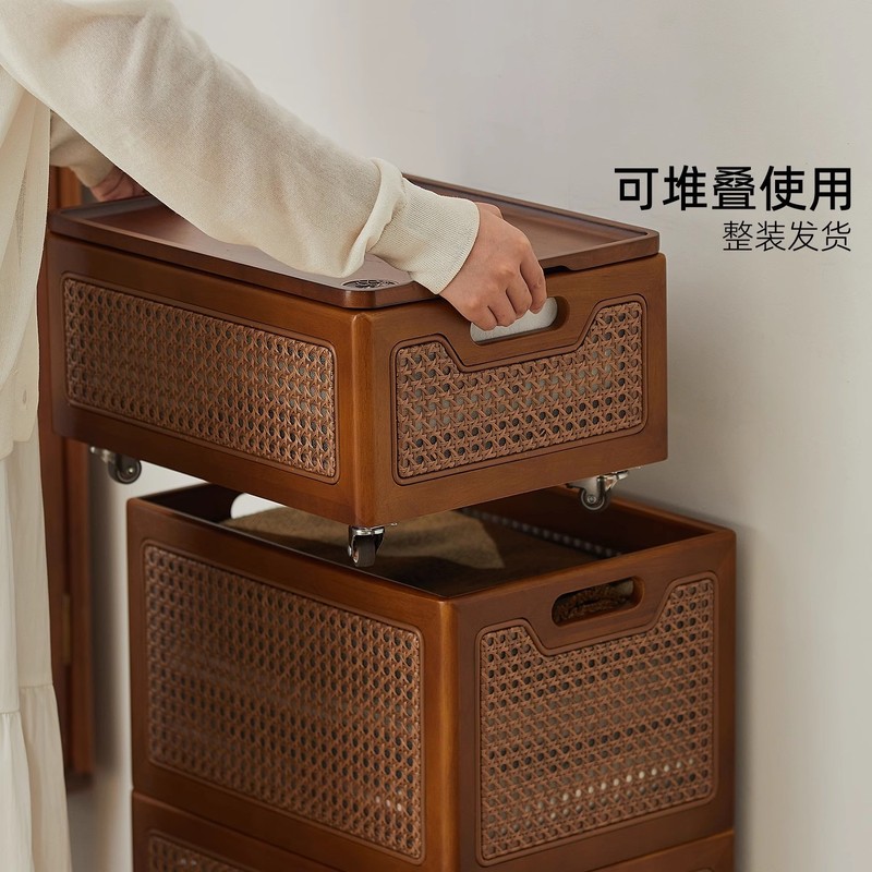 实木藤编收纳筐带盖防尘衣服整理大容量杂物储物筐可移动玩具收纳|undefined