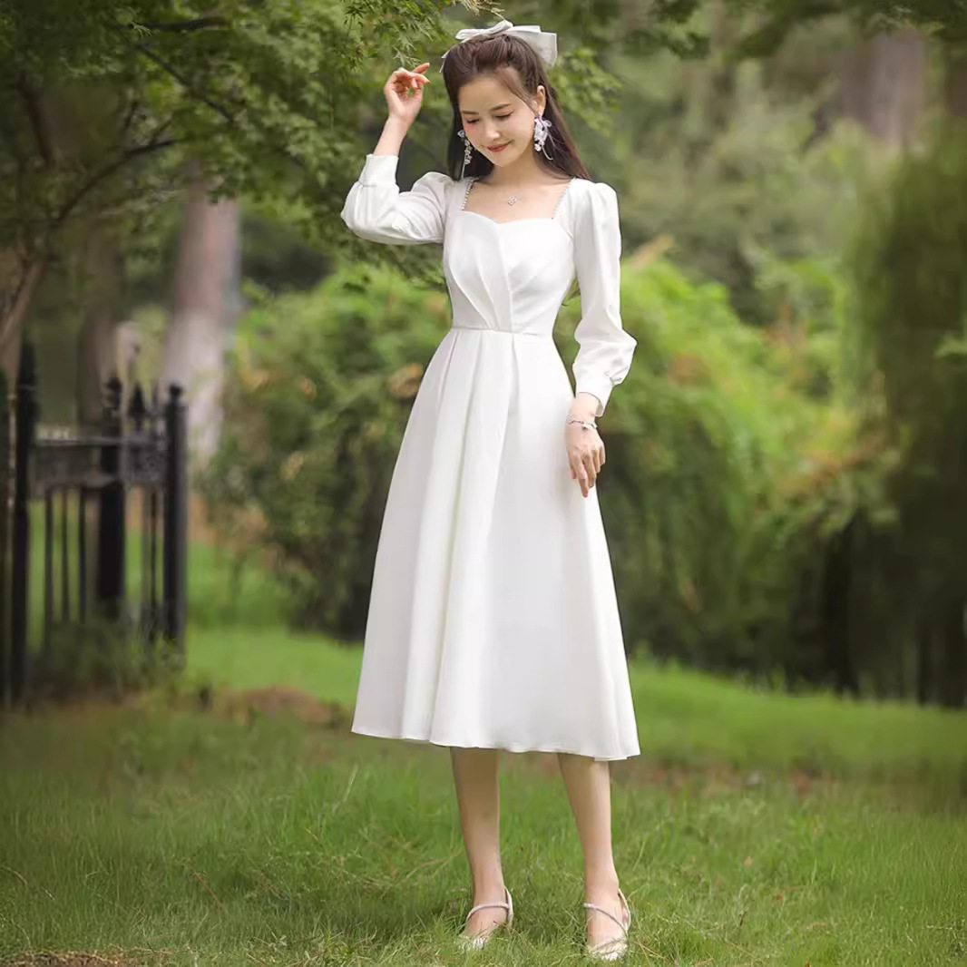 Autumn French White Small Evening Dress Can Be Worn at Ordinary Times for Engagement Certificate Light Wedding Dress Mid-length Dress for Women