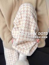 白色千鸟格阔腿裤子女秋冬季2025新款高腰慵懒休闲加绒加厚格子裤
