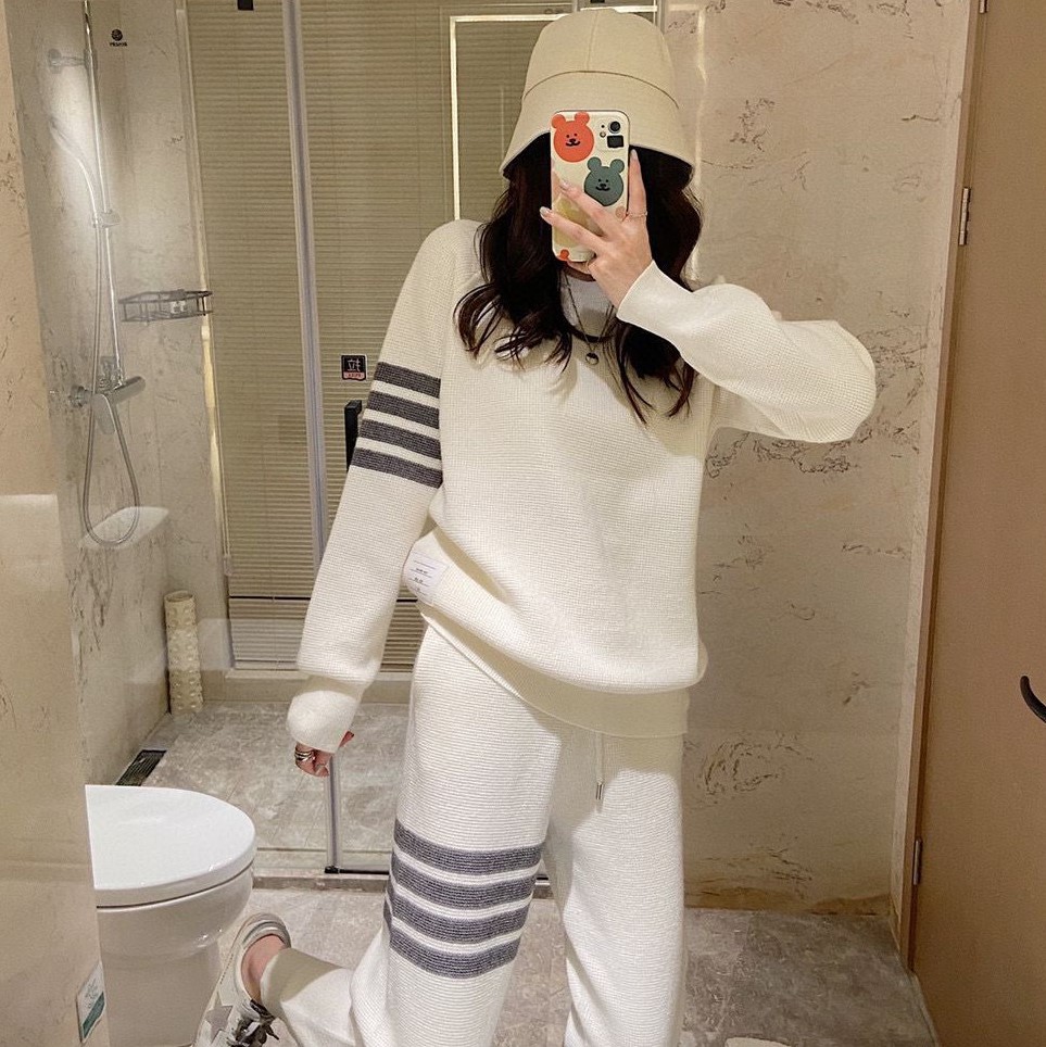 2025 Autumn and Winter Tb Waffle Casual Sports Suit for Women, Loose Trendy Brand Unisex Couple Sweatshirt and Long Pants Set