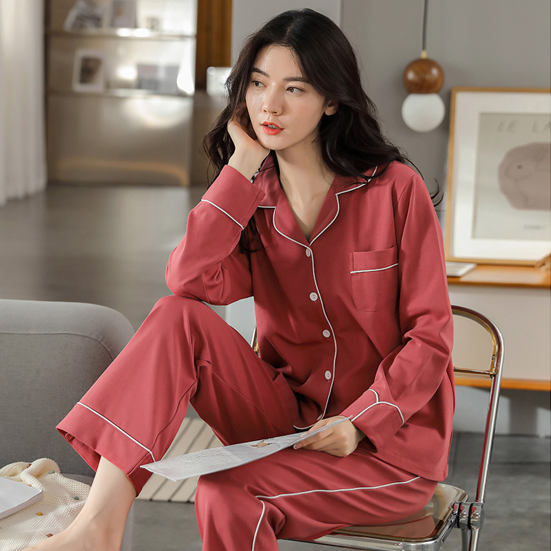 Cotton Women's Pajamas Spring and Autumn Long sleeved Cotton Solid Color Women's Korean Edition Cardigan Polo Collar Home Suit Women's Set