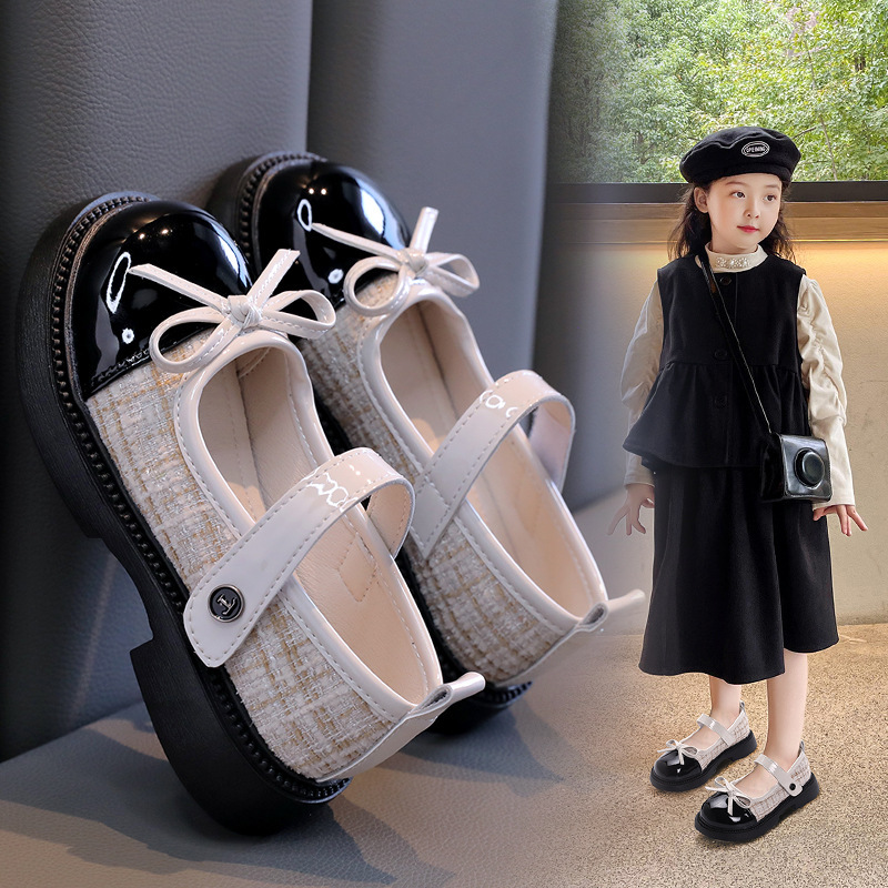 Girls' Leather Shoes 2026 Spring New Style Princess Bow Chanel-Style Flats Student Black Performance Shallow Flats
