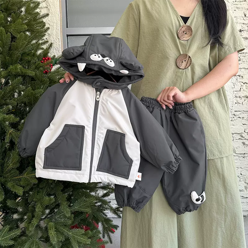 【现货】男童夹棉套装2025秋冬新款韩版男宝洋气上衣拼接夹克套装