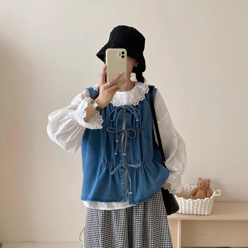 2026 Spring/Summer Artistic Style Soft Denim Vest V-Neck Drawstring Ruched Tie Loose Fit Vest Foreign Trade Ins Style