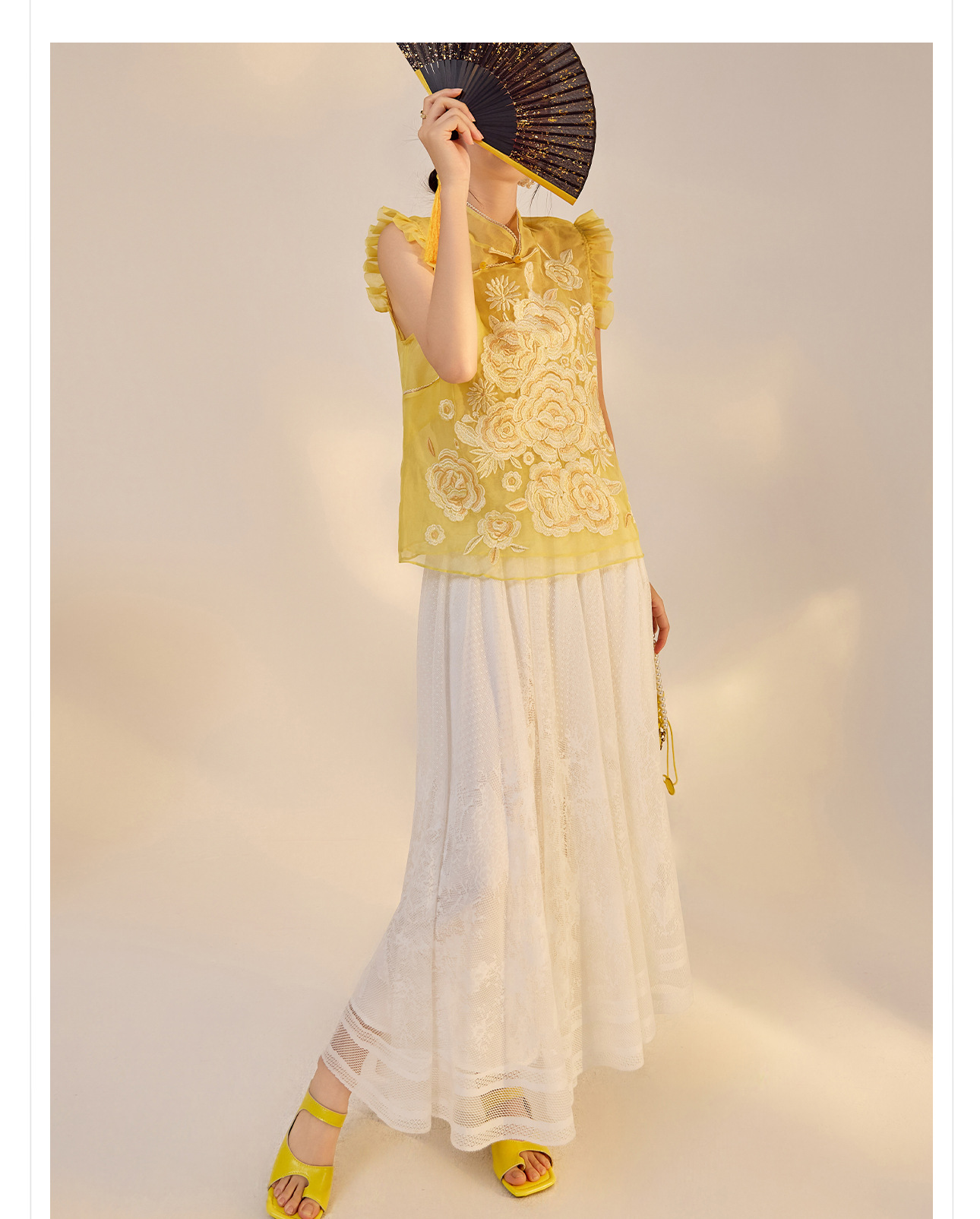 Áo vest gile nữ lụa tằm ren hoa cổ đứng cài nút kiểu Trung Hoa mùa hè N4012 — Màu vàng sữa chi tiết 15