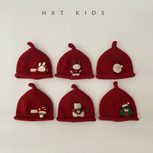 婴儿毛线帽秋冬季洋气红色奶嘴帽小月龄宝宝保暖套头圣诞针织帽冬