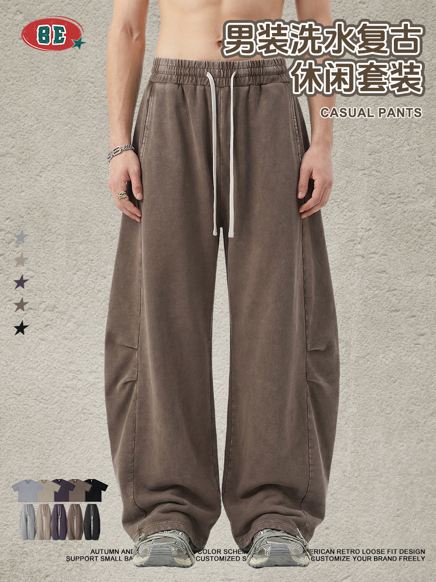 Be Hombres| Retro americano lavado en agua camiseta de mangas cortas cimetiera pantalones rectos BOXY dos piezas para hacer viejo conjunto casual