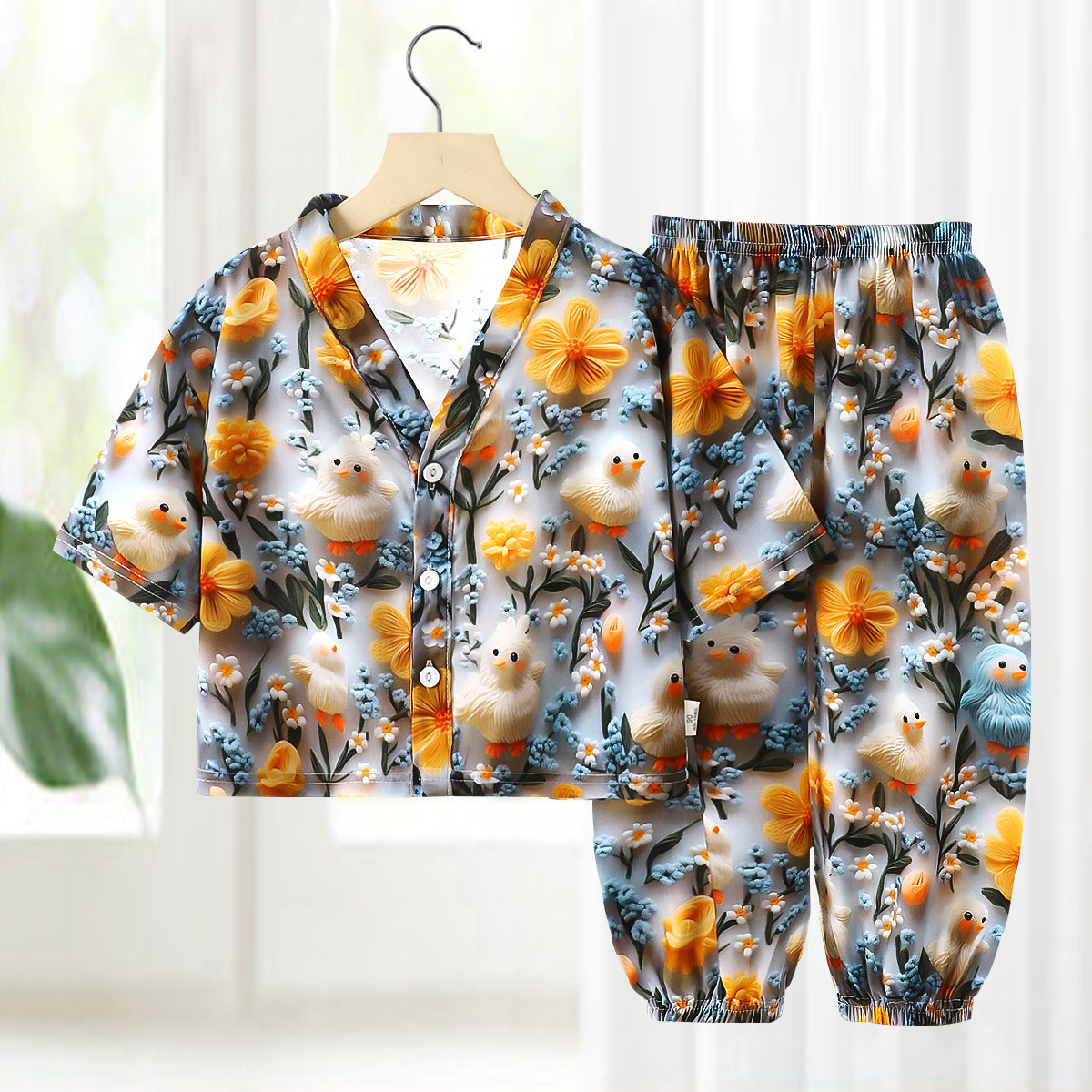 Conjunto de pijamas de seda de algodón para niños, ropa de aire acondicionado de algodón artificial de verano, ropa para el hogar de seda de algodón para niños y niñas, ropa para niños de dos piezas