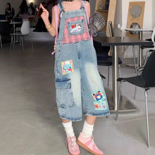 大码卡通贴补刺绣牛仔背带裤女2025夏季宽松显瘦阔腿七分连体短裤