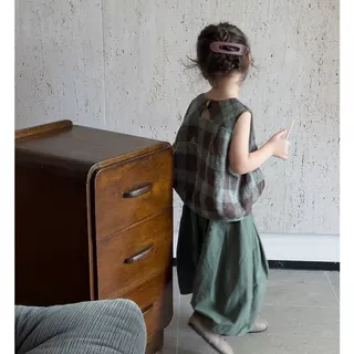 童装女童套装2026新款儿童夏装森系女宝格子夏季背心绿色阔腿裤