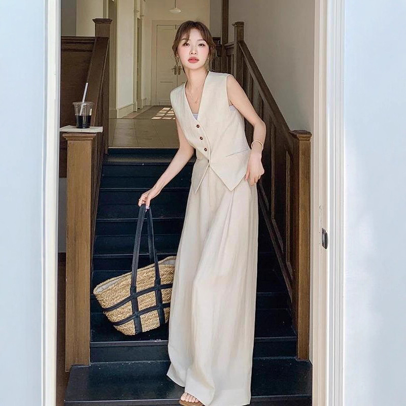 Beimuqi Old Money Style Linen Suit Women's Summer 2025 Thin Elegant Vest Wide Leg Pants Two-Piece Set
