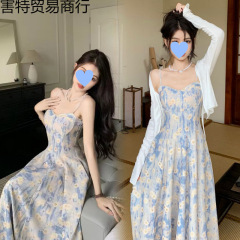 フレンチブルー油絵花柄サスペンダードレス女性の春夏の新しいウエスト甘い妖精気質ミドル丈スカート