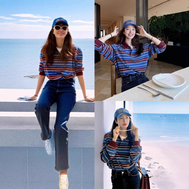 Grove Car Jingyuan's Same Style Miu Stripesd Polo Shirt 25 Autumn Women's American Retro Lazy Style Loose Sweatshirt