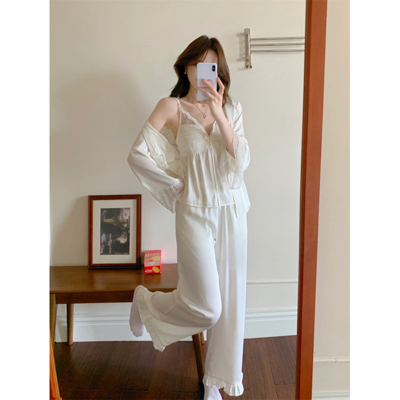 韩国ins女士春秋新法式甜美清新少女带胸垫三件套家居服睡衣套装|undefined