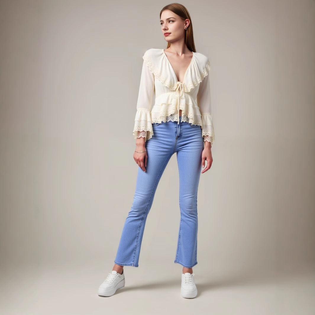 Sweet Beauty Summer Ruffles Lace Stitching Large Lapel Short Waist