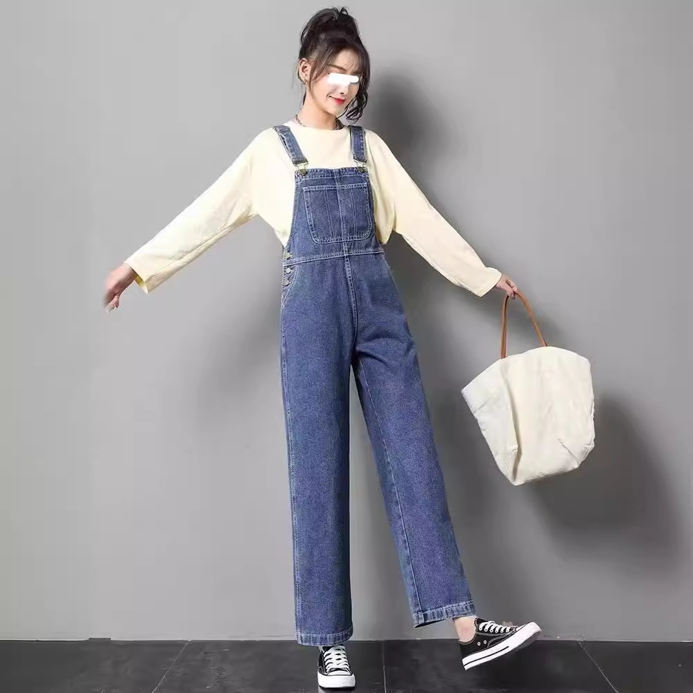 Autumn 2024 Fashion American Vintage Denim Suspender Pants Women's High Waist Slimming Wide Leg Pants Sling Jumpsuit