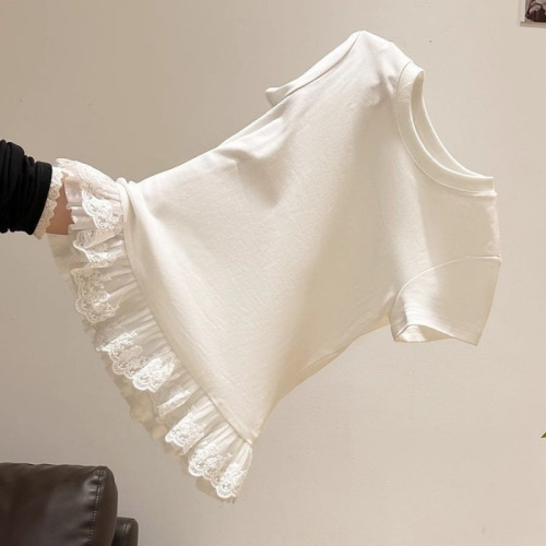 White Lace Splicing Ballet Style Short-Sleeve T-Shirt for Women - Spring and Summer New Arrival - Cross-Border Shipping - Fitted Base Layer Top
