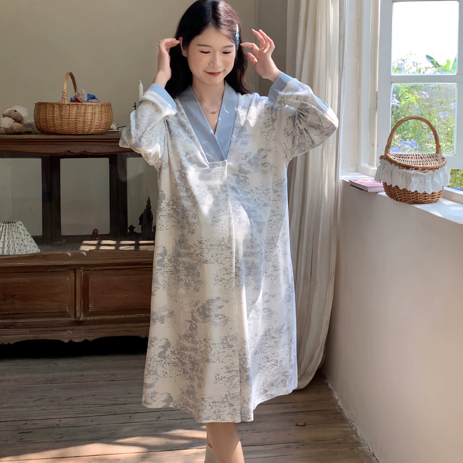 88151 спот хлопок шлифовальный плюшевые чернила роспись осенью и зимой пижамы плюс размер свободные беременные ночные платья с нагрудными подушками