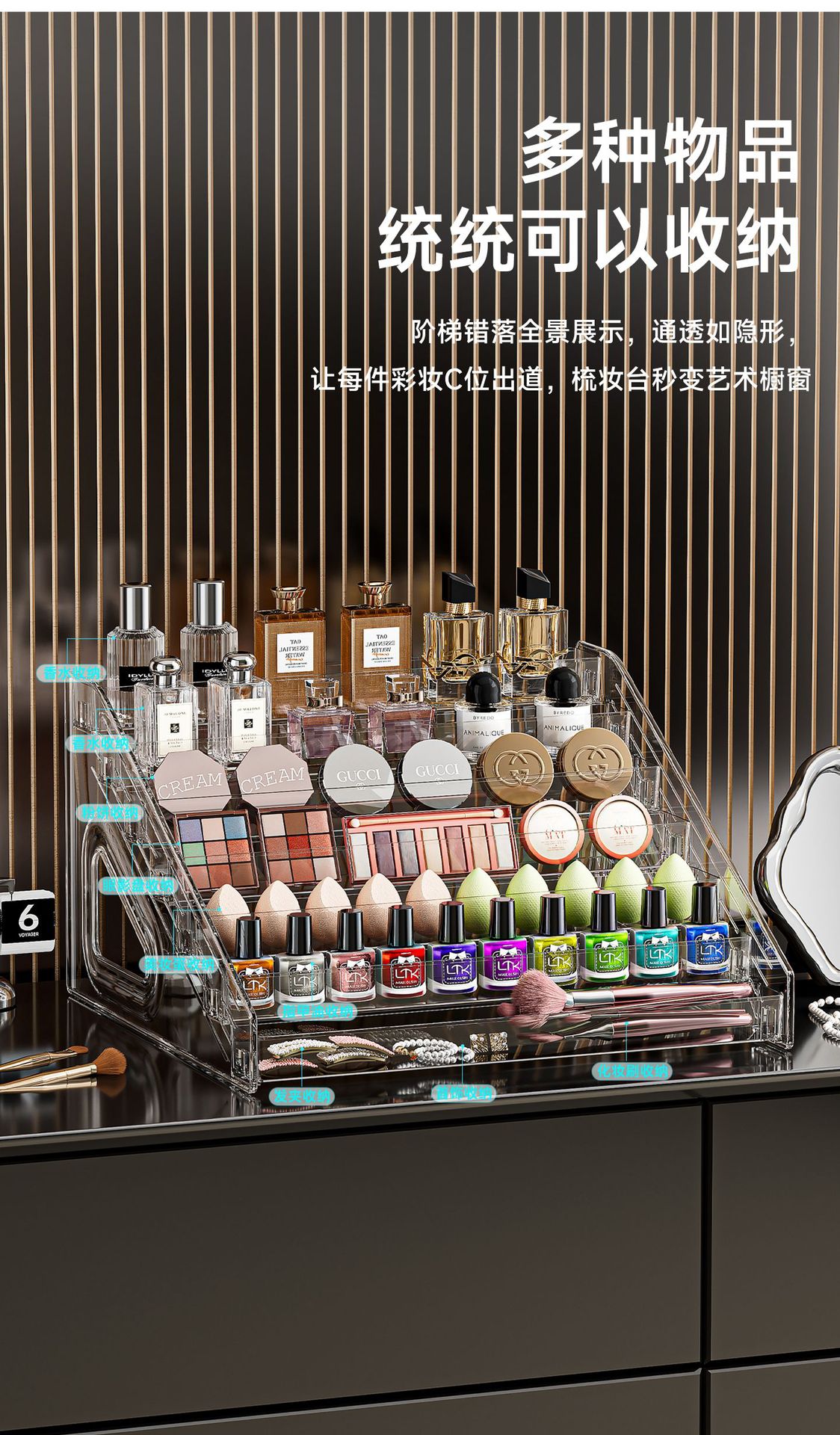 Transparente trapezförmige Kosmetik-Organizer Box Schminktisch Tischplatte Aufbewahrungsregal Make-up Pinsel Lippenstift Parfüm Aufräum- und Präsentationsständer