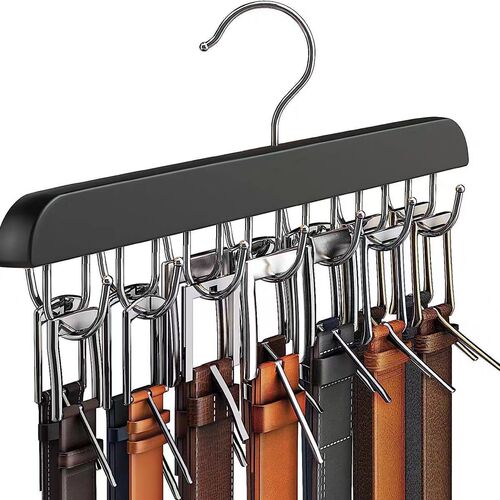 New wooden strap hanger, multi-functional, with leather strap and belt hooks, solid wood hook—household wardrobe storage gadget.