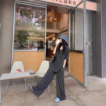 松弛感深灰色运动套装女夏韩系网红慵懒v领短袖t恤垂感长裤两件套