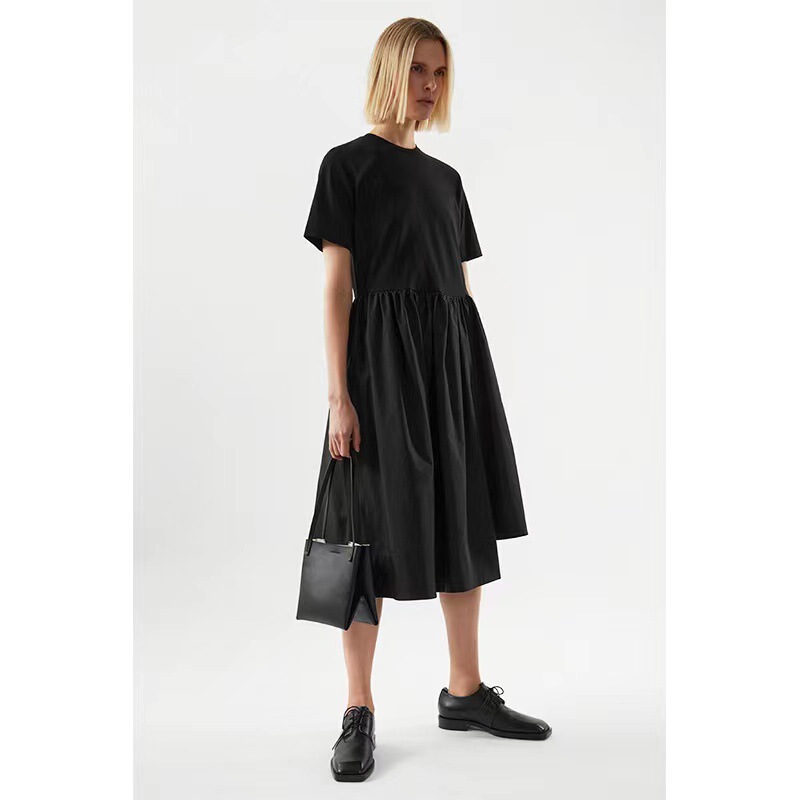 Cs2026 Summer Women's Round Neck T-Shirt Mid-Length Dress with Irregular Pleats Black Dress for Elegant Work Attire