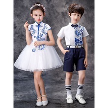 兒童表演服裝女童青花瓷紗裙男童主持人禮服套裝學生中國風合唱服
