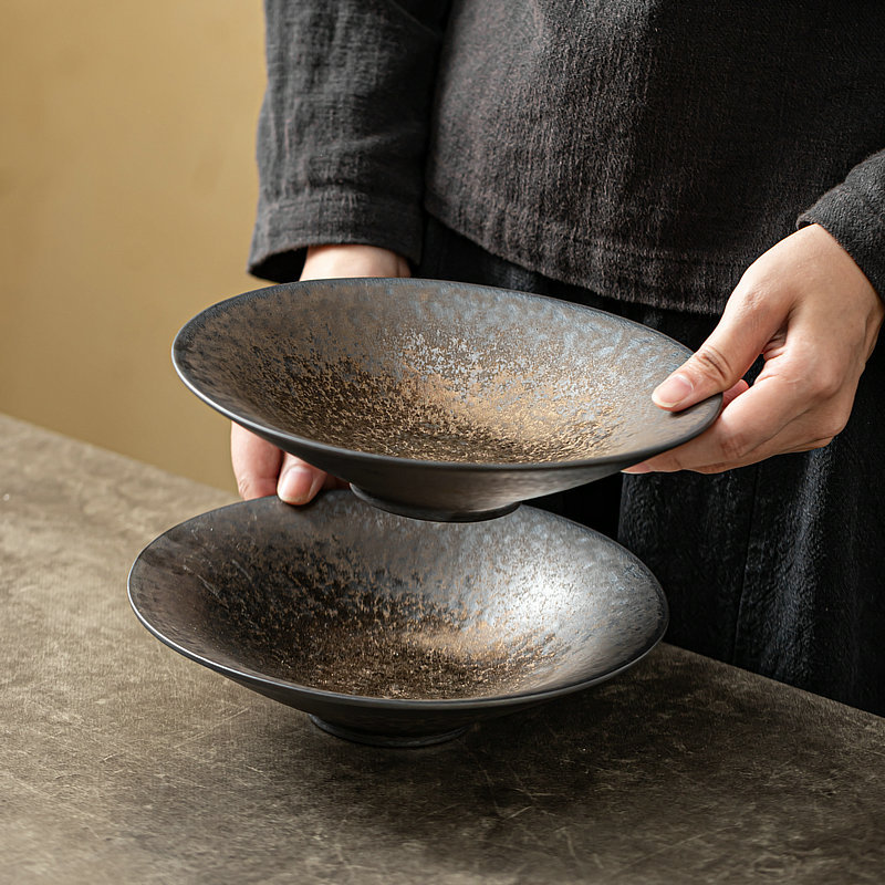 Rough Pottery Kiln Gilt Retro Wabi-Sabi Style Fruit Plate Japanese-Style Home Creative Conical Bowl Ceramic Tableware