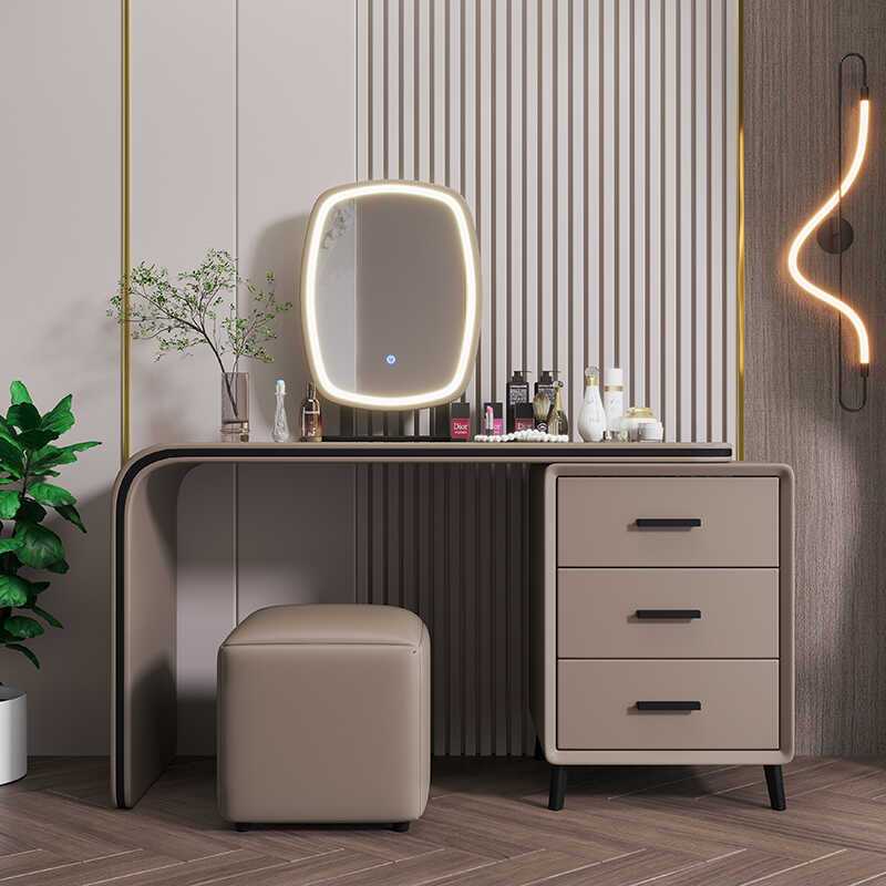 Italian Light Luxury Solid Wood Dressing Table Simple Modern Leather Soft White Cream Style Dressing Table with Light Dressing Table