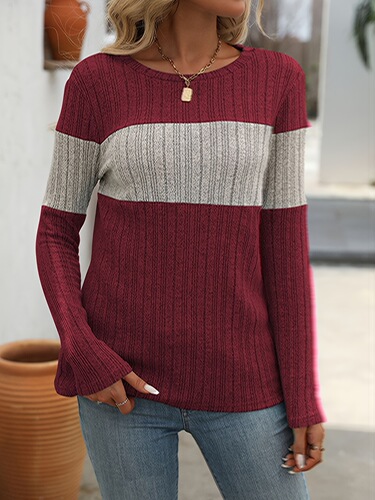 Women's Color Block Round Neck Long Sleeve Top Stylish Trendy
