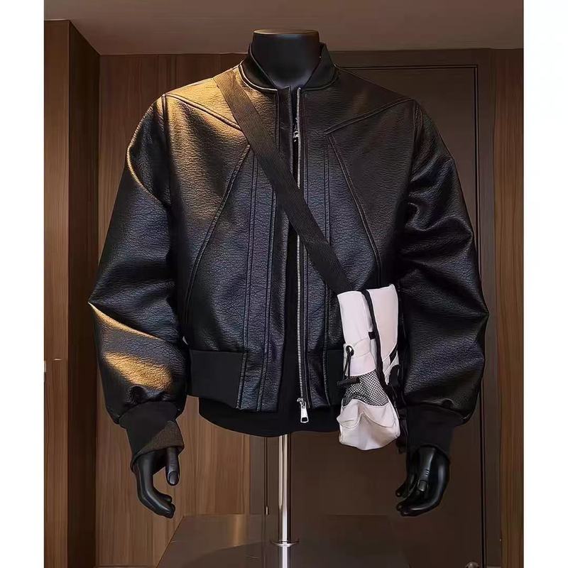 现货 有内袋 原版做工 水洗PU皮宽松美式棒球服外套JK9363特P70|undefined