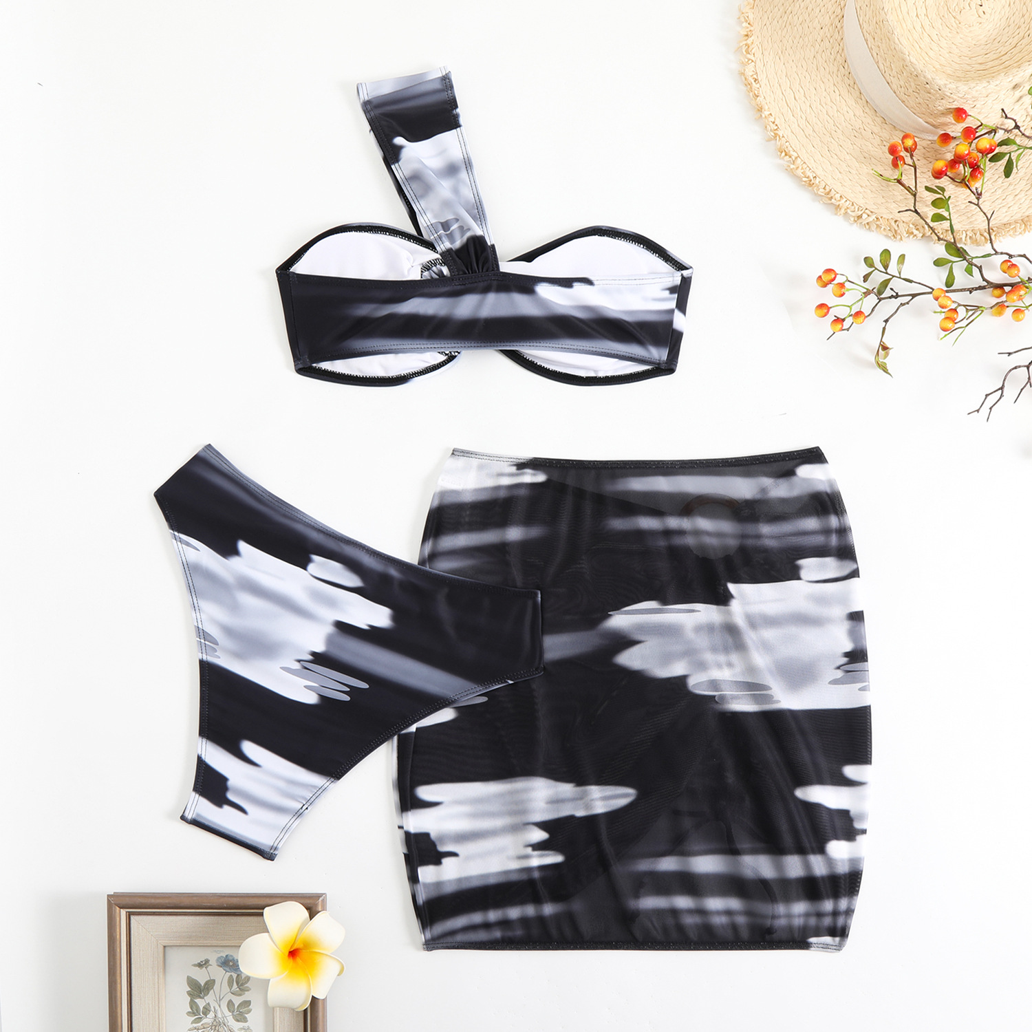 140g Weight Sleeveless Sleeve Length Polyester Fabric Type 3 Pieces Set Quantity Swimming Occasion One Shoulder Neckline Skinny Fit Type Colorful Pattern Women's Gender Sexy Style Women's Sexy Colorful 3 Pieces Set Bikinis Swimwear 12