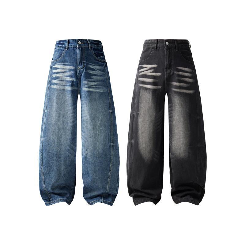 男女夏装水洗做旧美式高街牛仔裤休闲裤子复古港风宽松直筒阔腿子