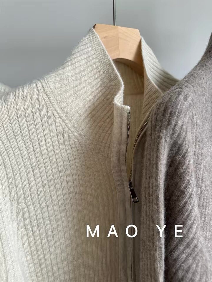 Áo khoác cardigan len lông cừu nguyên chất dài tay cổ bán cao, khóa kéo đôi, sọc gân dọc tôn dáng — Màu cà phê, Màu tự nhiên, màu đen chi tiết 7