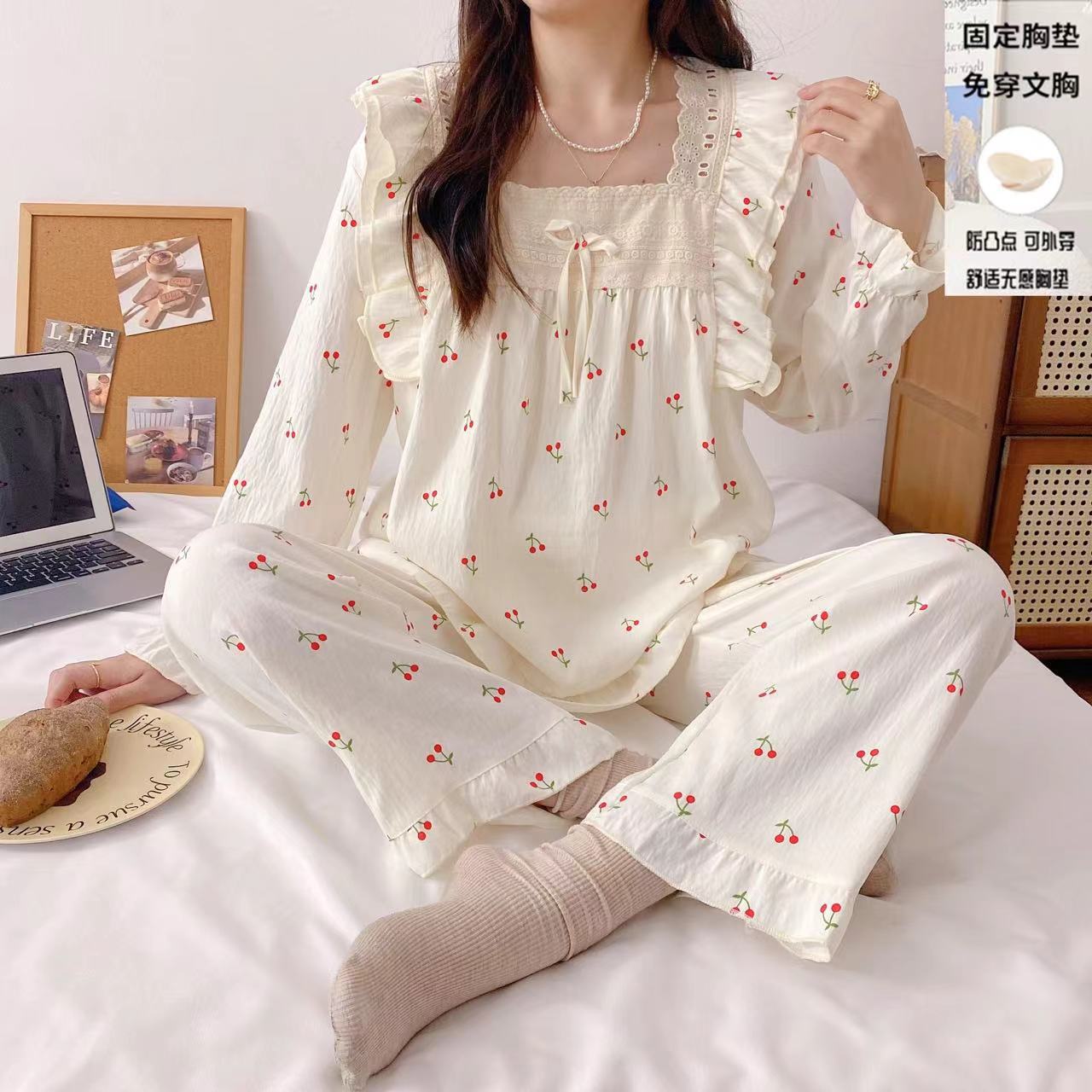 우유 거의 봄과 가을 긴팔 잠옷 여성 가슴 패드 안티 범프 구름 면화 공주 스타일의 가정 옷 세트