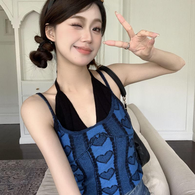 Fake Two-piece Halter Camisole Women's Summer New Hot Girl High Waist Backless Loving Love Design Short Top Trendy