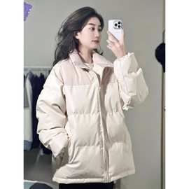 韩版时尚米白色pu皮棉服女冬季2023年新款加厚保暖设计感拼接棉衣