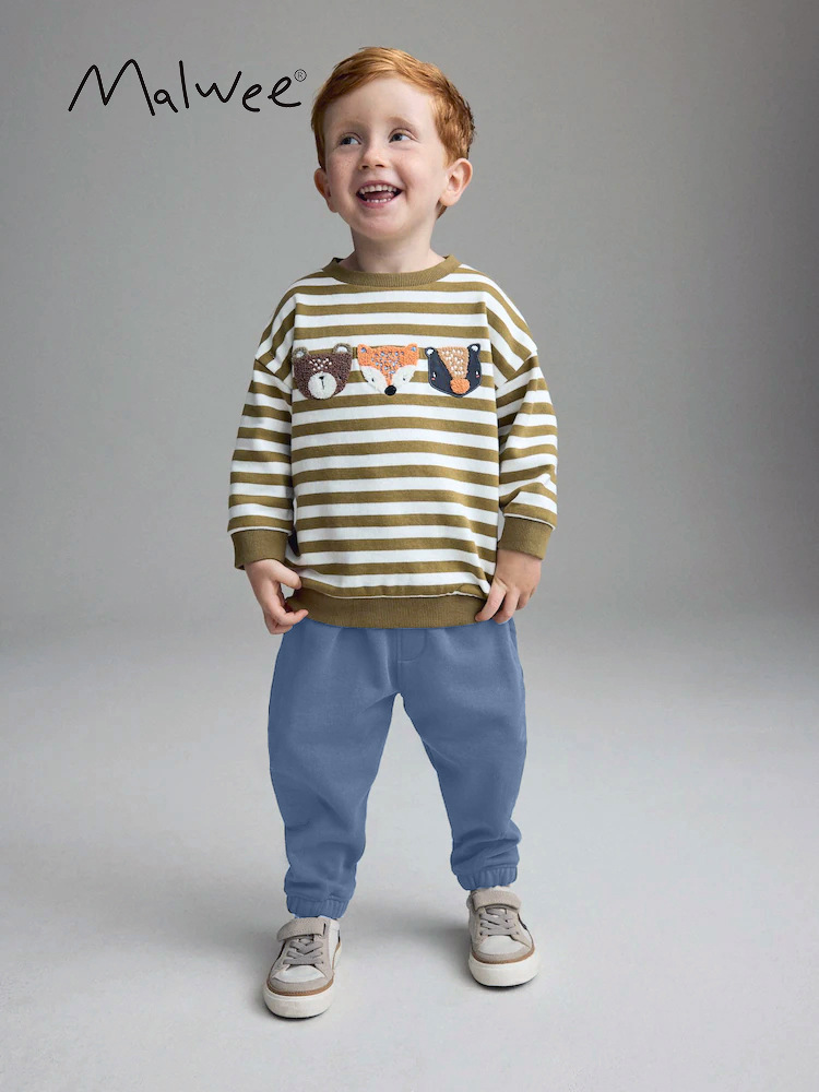 Malwee transfronterizo juego de chaqueta de niño otoño y invierno nuevo estilo europeo y americano rayas de cuello redondo manga larga dos piezas juego