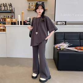 女童韩版套装中大童2024新款夏季洋气短袖喇叭裤小女孩休闲两件套