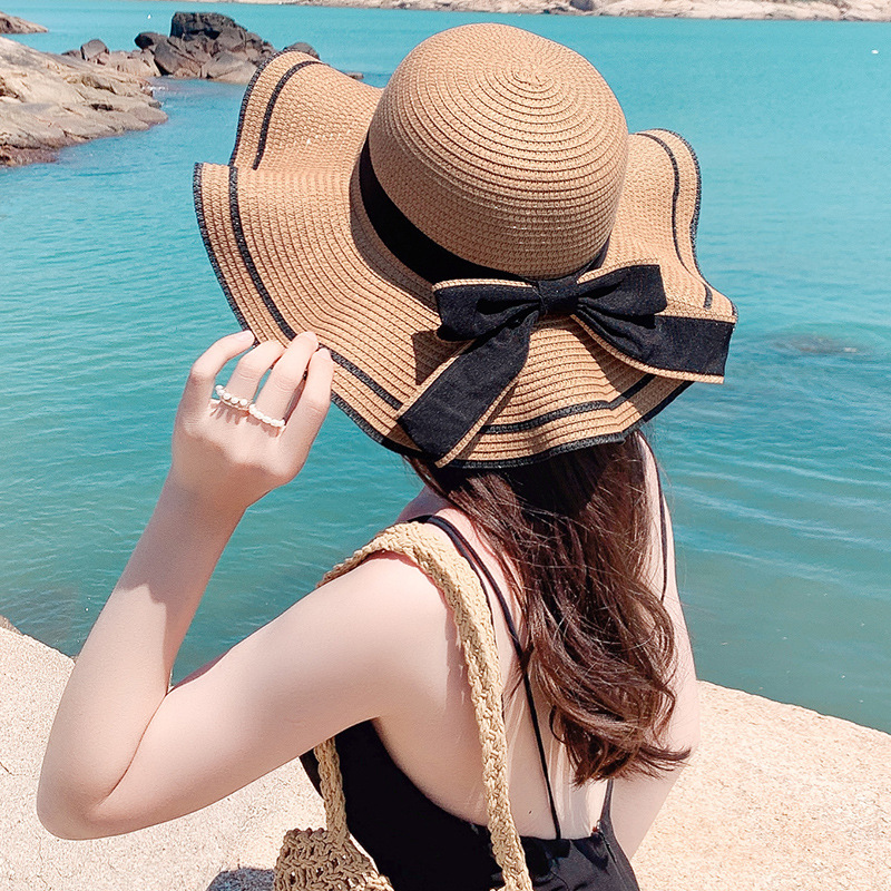 Women's Sweet Pastoral Color Block Bowknot Side Of Fungus Straw Hat display picture 1