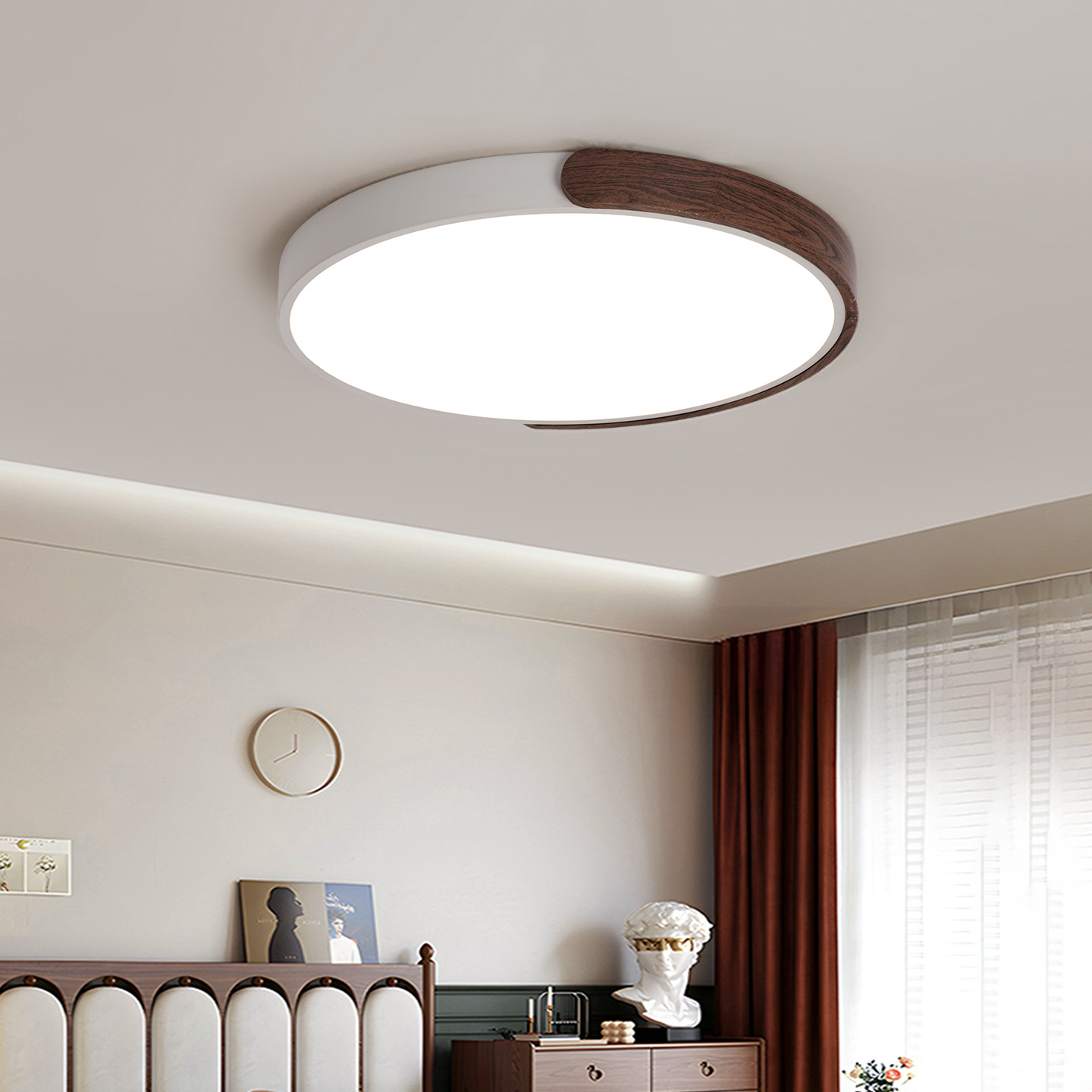 Lámpara de techo de dormitorio de estilo medio, estilo nogal japonés, sala de estudio redonda, dormitorio principal, protección ocular personalizada, lámpara Zhongshan 700L