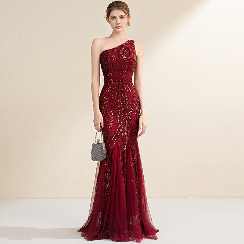 Evening dress female bride toast dress oblique shoulder socialite banquet party party party shiny long fishtail dress Evening dress female bride toast dress oblique shoulder socialite banquet party party party shiny long fishtail dress